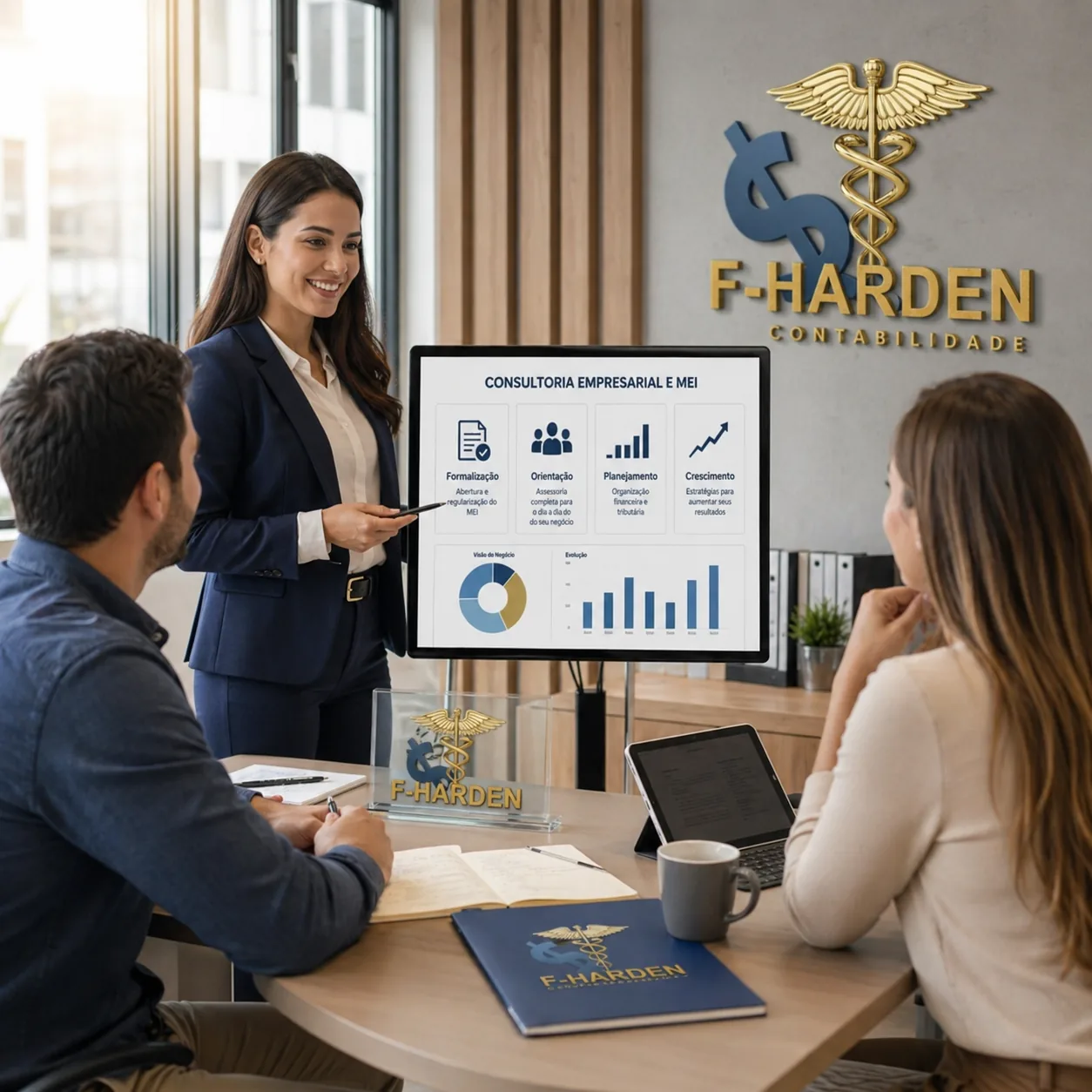 Consultoria empresarial e MEI com análise de indicadores em reunião